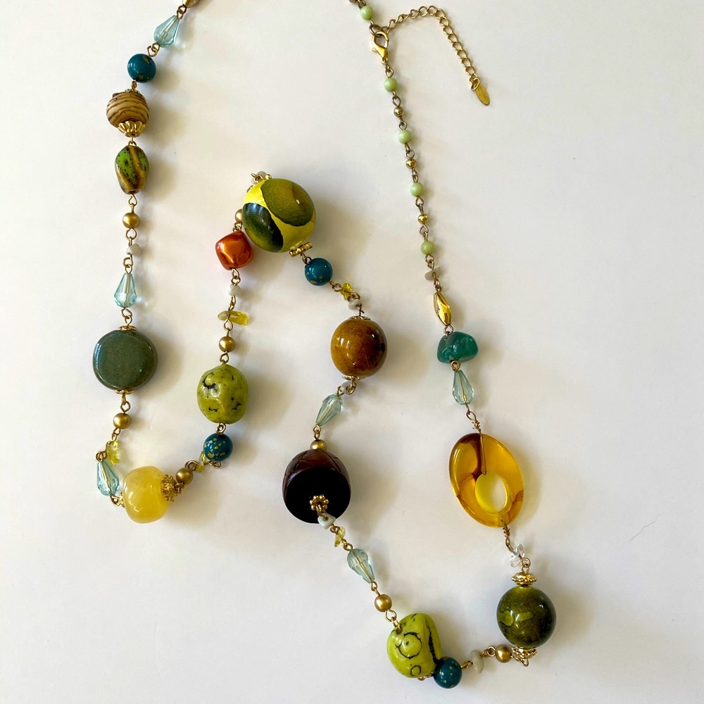 Long Bead, Stone and Wood Necklace
